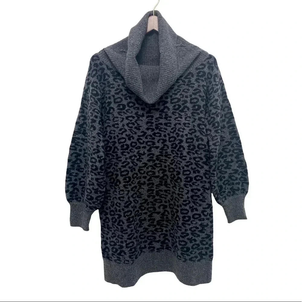 Anthropologie Emmy Cowl Neck Sweater Long Sleeve Cheetah Gray Black Cozy Size S
